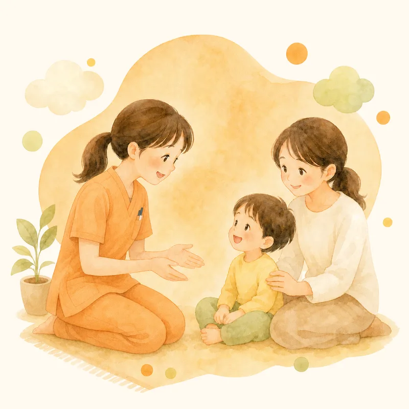 看護師がお子さまとお母さまとお話ししているイラスト