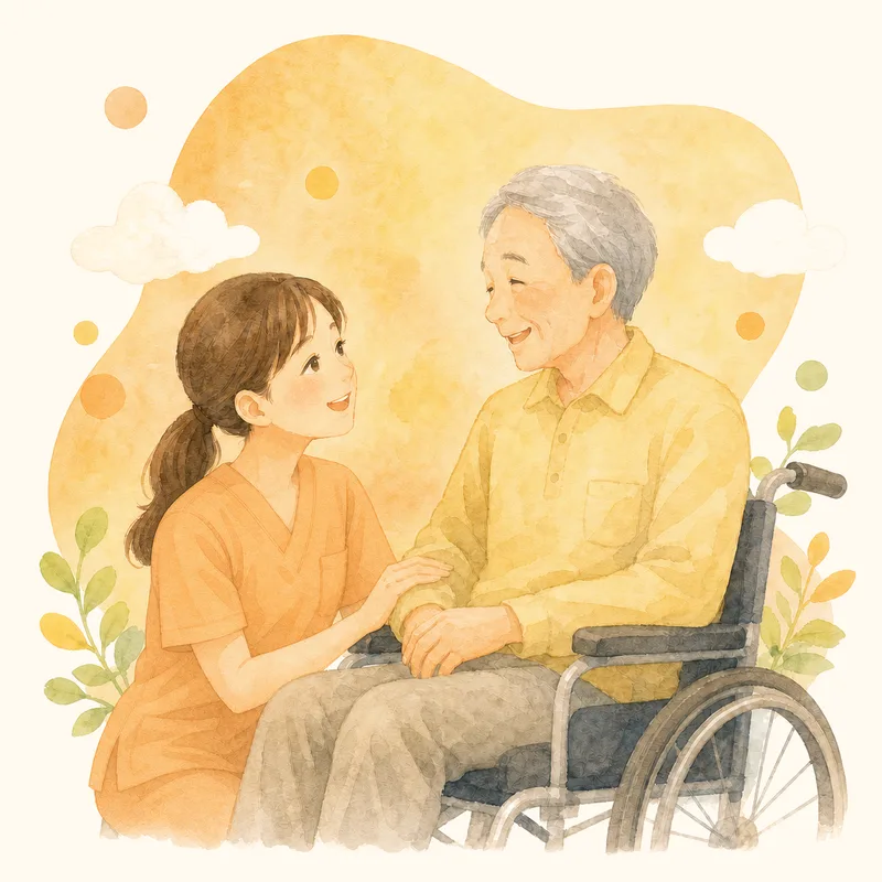 看護師が車椅子の高齢の方と笑顔でお話ししているイラスト