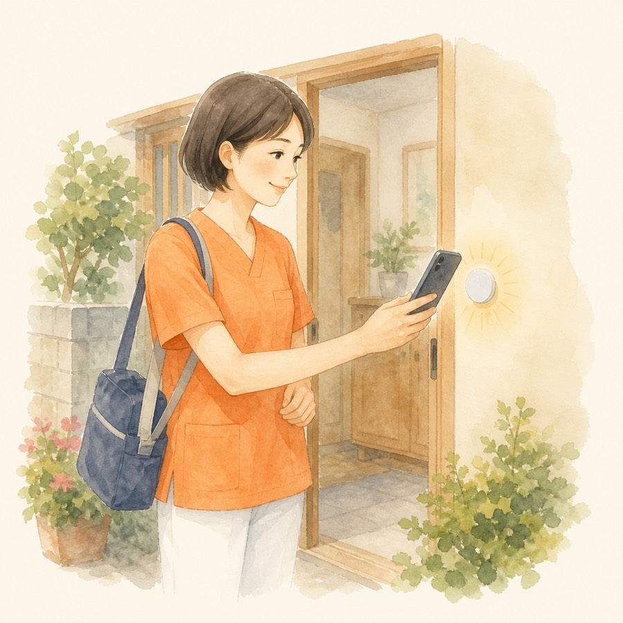 訪問看護師がスマートフォンをご自宅のICタグにかざして訪問記録をつけている様子